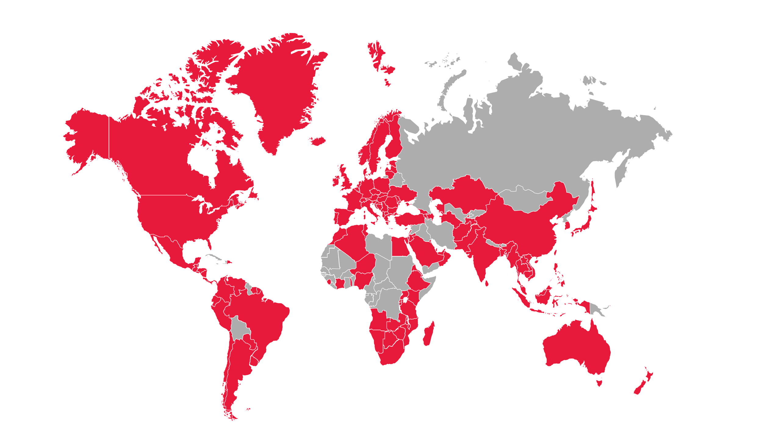 A world map with the BDO jurisdictions highlighed in Red