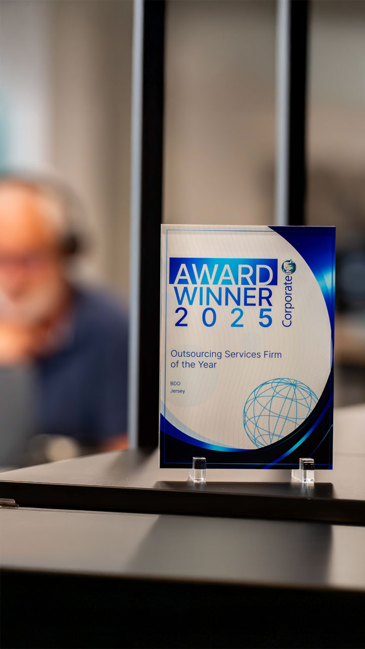 Trophy for "Outsourcing Firm of the year 2025" awarded to BDO Jersey.
