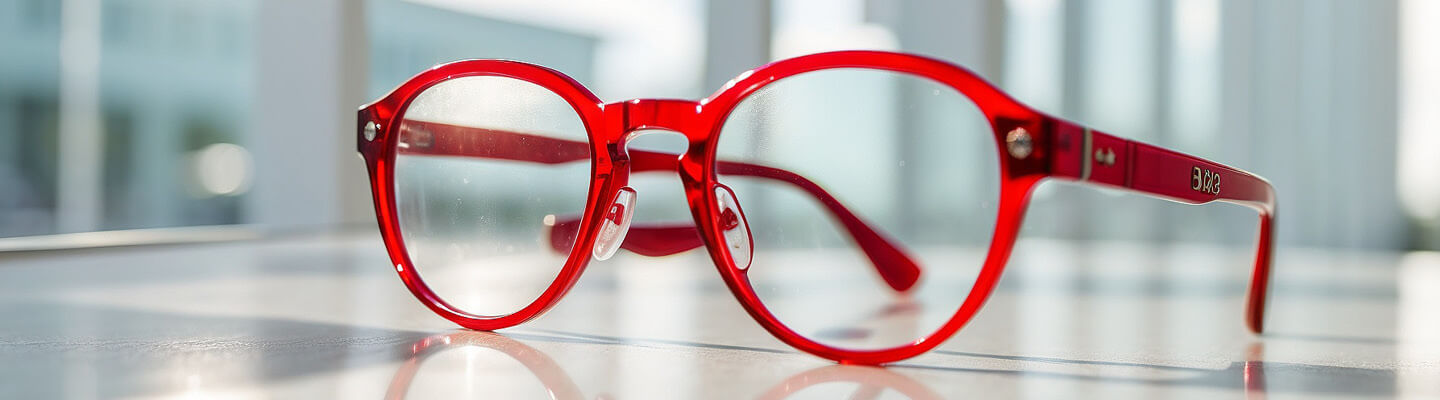 Red spectacles on a glass table